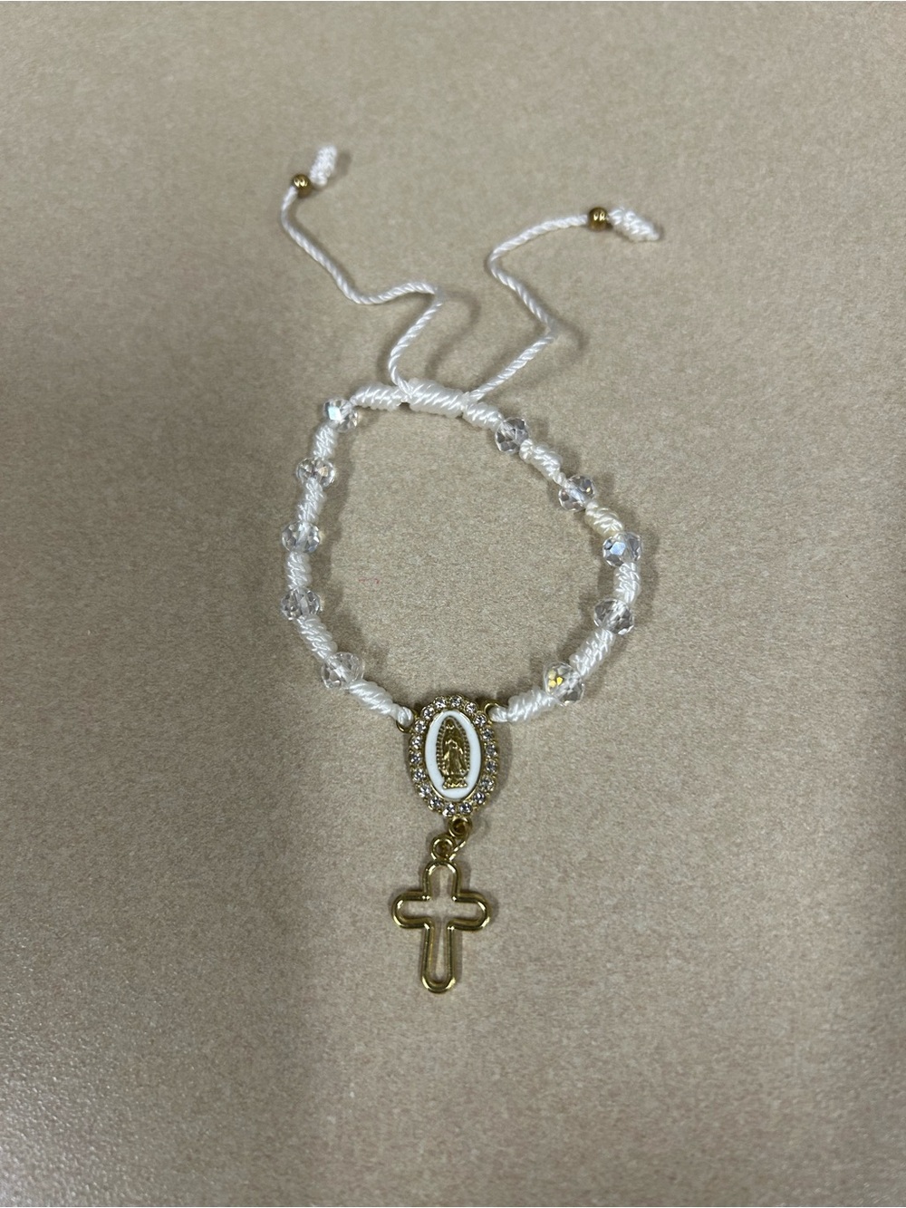 White and Gold Rosary-Inspired Adjustable Bracelet with Cross Charm